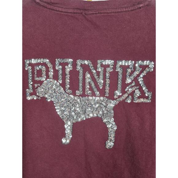PINK Victoria's Secret Tops - Victorias Secret PINK Maroon BLING Dog Logo Tee Shirt Pocket Silver Sequins SM